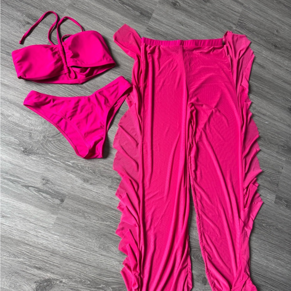 Vibrant Pink Bikini Set with Ruffle Pants